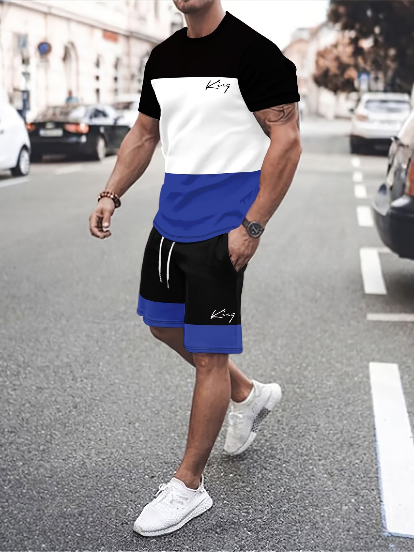 Men's Block Pattern Print 2-Piece Outfit Short Sleeve T-Shirt and Shorts Set