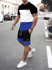 Men's Block Pattern Print 2-Piece Outfit Short Sleeve T-Shirt and Shorts Set