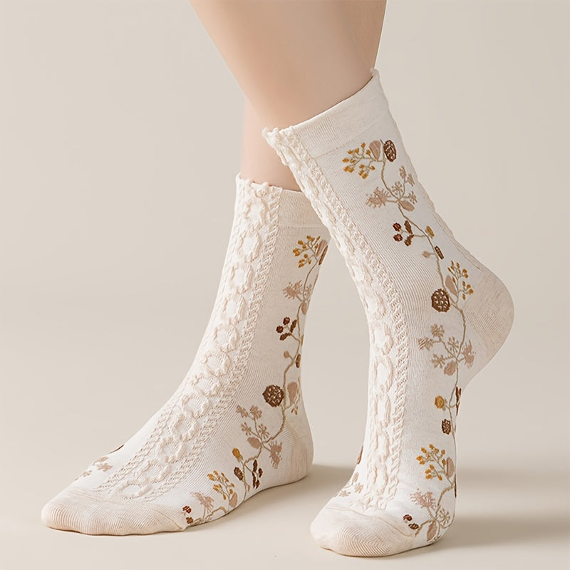 5 Pairs Floral Print Socks Comfy & Ruffle Women's Stockings