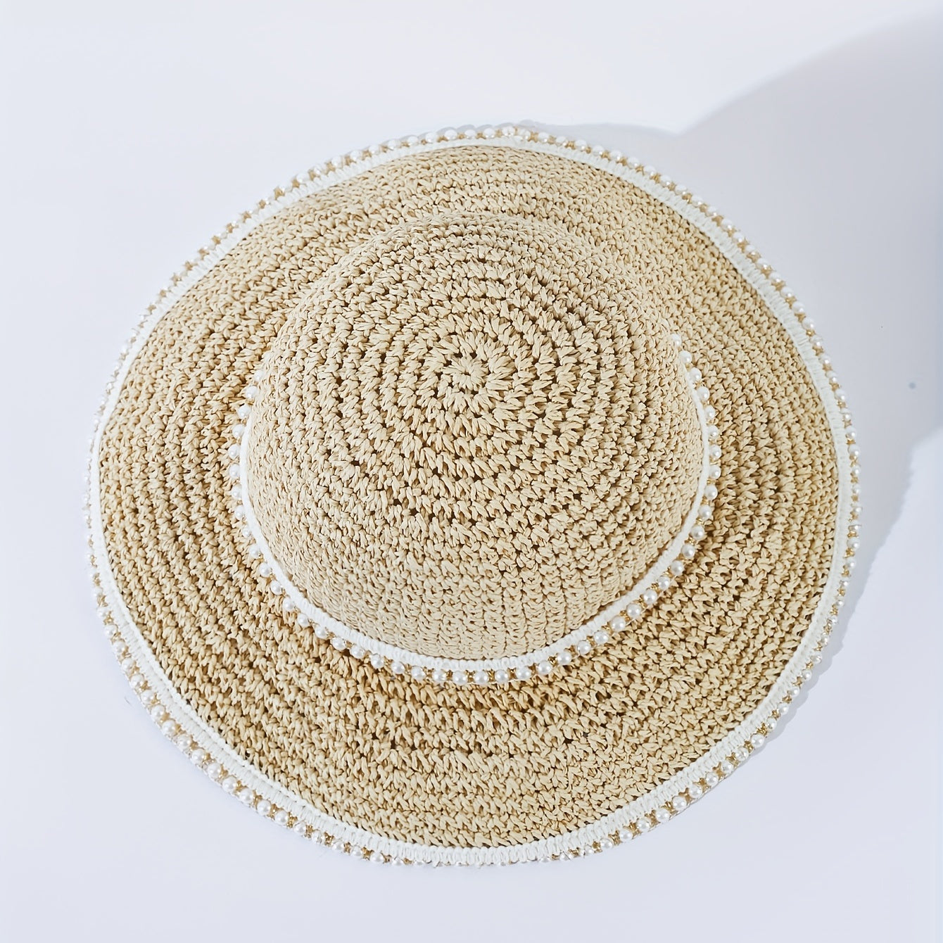 Beige Faux Pearl Decor Bucket Hat Crochet Summer Straw Sun Hats