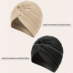 2pcs Beige Turban Cap BowKnot Pleated Head Wraps Elastic Ramadan Head Scarf