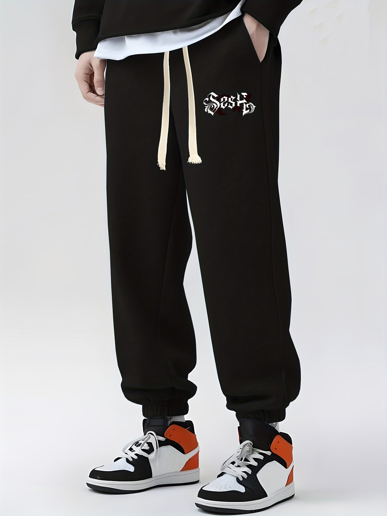 Blackletter Print Drawstring Sweatpants Loose Fit Pants Men's Joggers