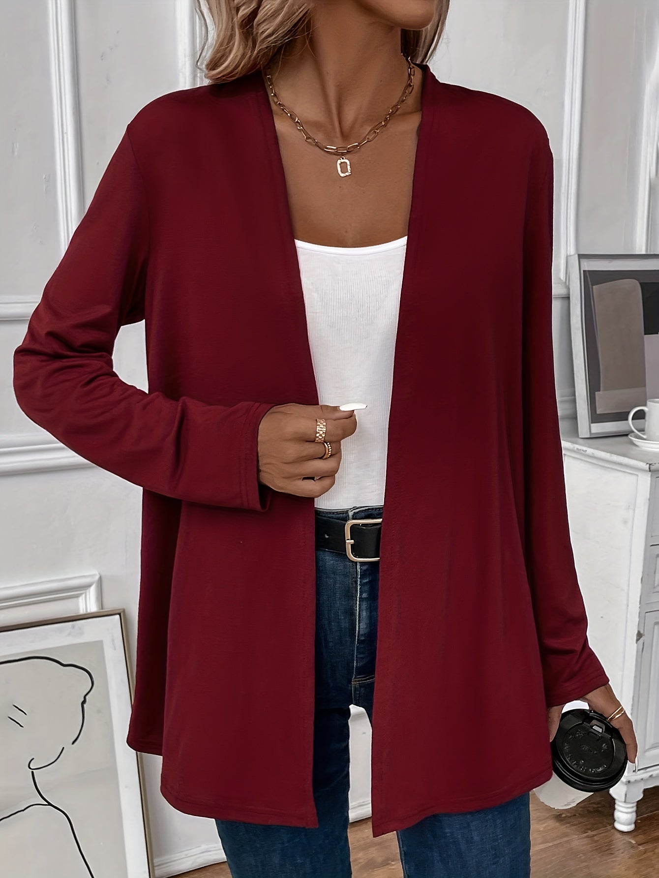 Solid Knit Cardigan Long Sleeve Open Front Casual Cardigan