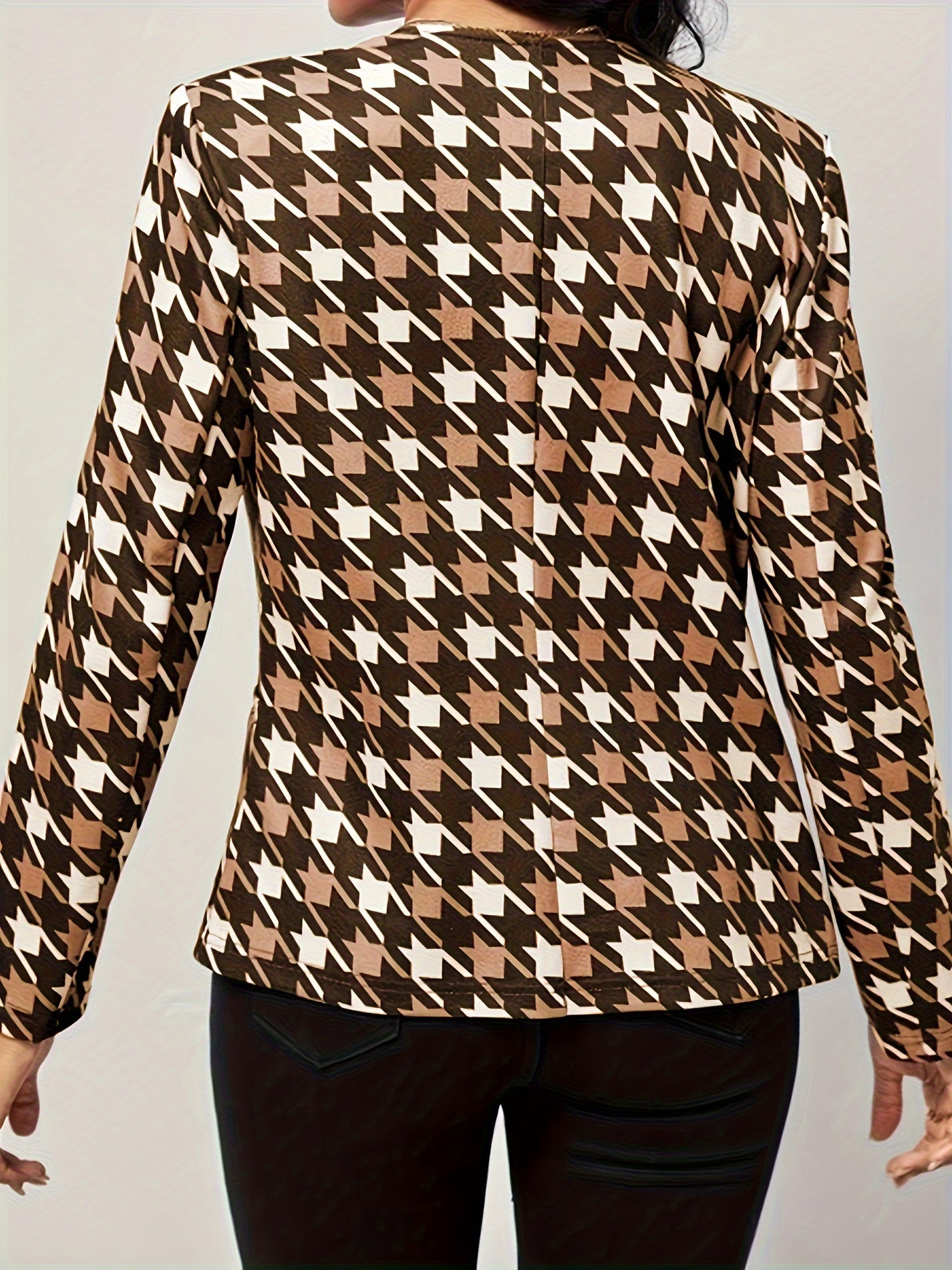 Houndstooth Print Long Sleeve Open Front Blazer