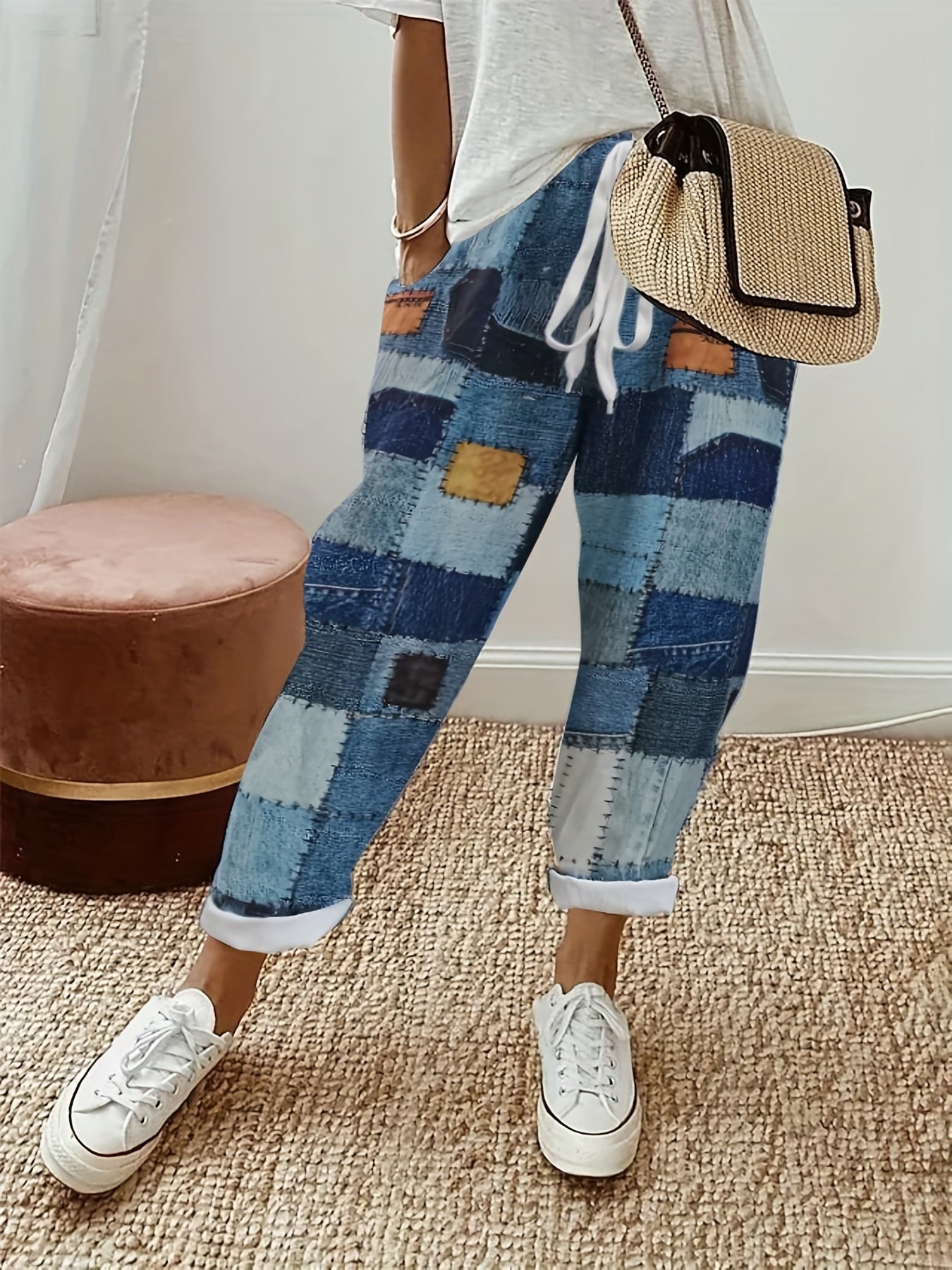 Denim Patchwork Print Straight Leg Pants Casual Drawstring Pocket Pants