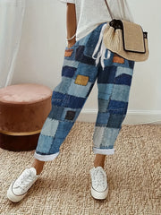 Denim Patchwork Print Straight Leg Pants Casual Drawstring Pocket Pants