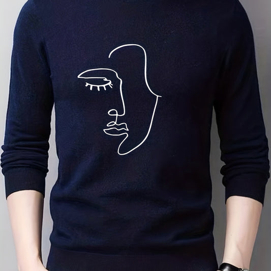 Abstract Face Painting Print Knitted Sweater Men's Warm Crew Neck Pullover