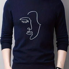Abstract Face Painting Print Knitted Sweater Men's Warm Crew Neck Pullover