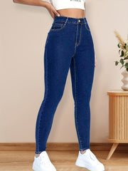 High Rise Skinny Jeans Zipper Button Closure Dark Denim Women's Clothing