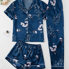 Floral Print Pajamas Set Short Sleeve Top & Shorts & Pants