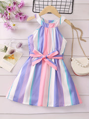 Toddler Girls Striped Sleeveless Belted Princess Dress for Party Beach Vacation