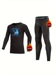 Kids Compression Fleece Sets Cartoon Pattern Pullover & Pants