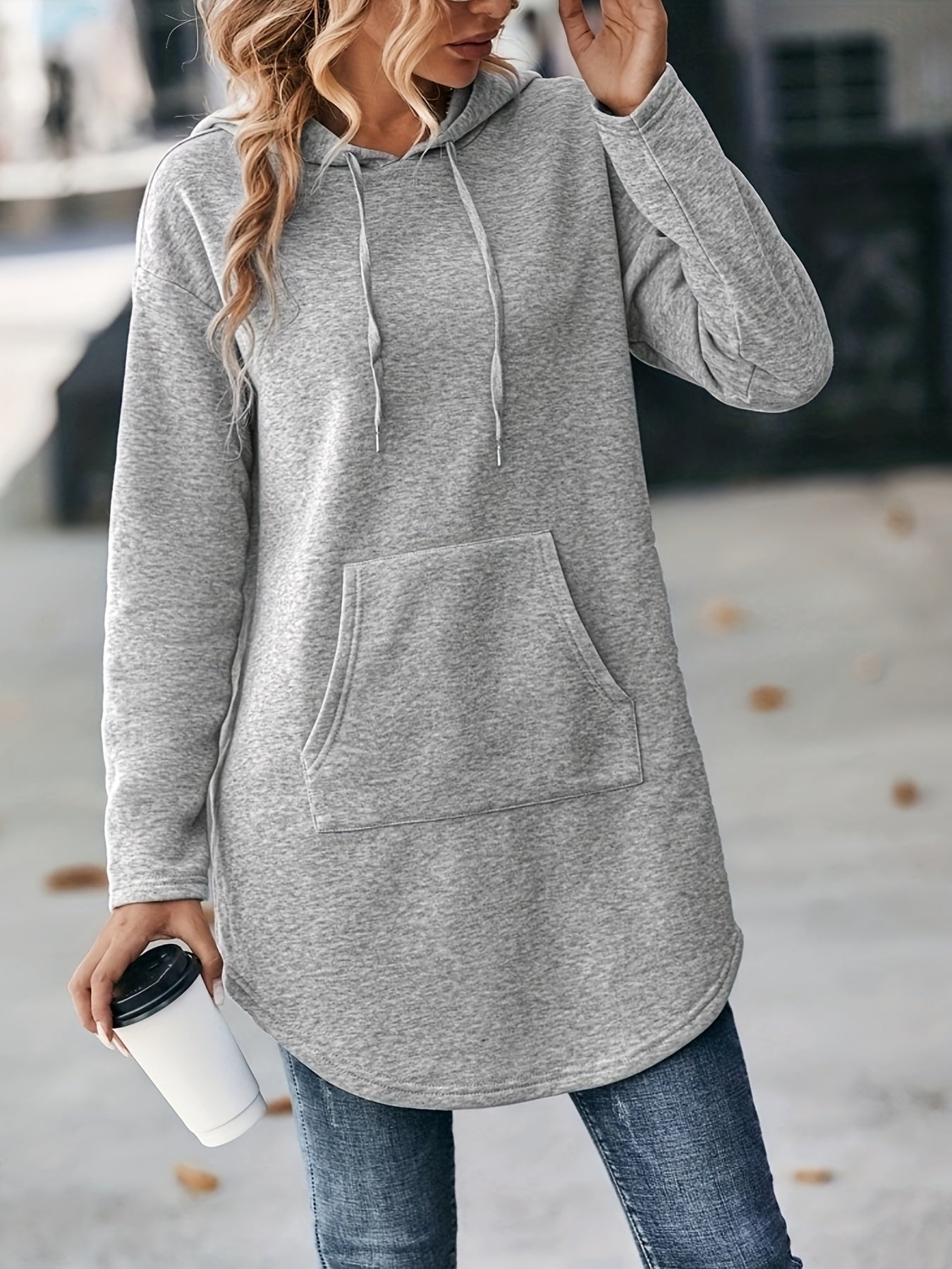 Solid Kangaroo Pocket Hoodie Casual Long Sleeve Drawstring Hoodies Sweatshirt