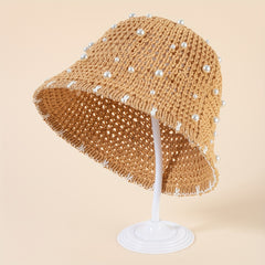 Faux Pearl Decor Bucket Hat Brown Hollow Out Basin Hat Crochet Breathable Cloche