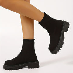 Women's Chunky Heel Boots Flying Woven Short Boots Slip On Boots