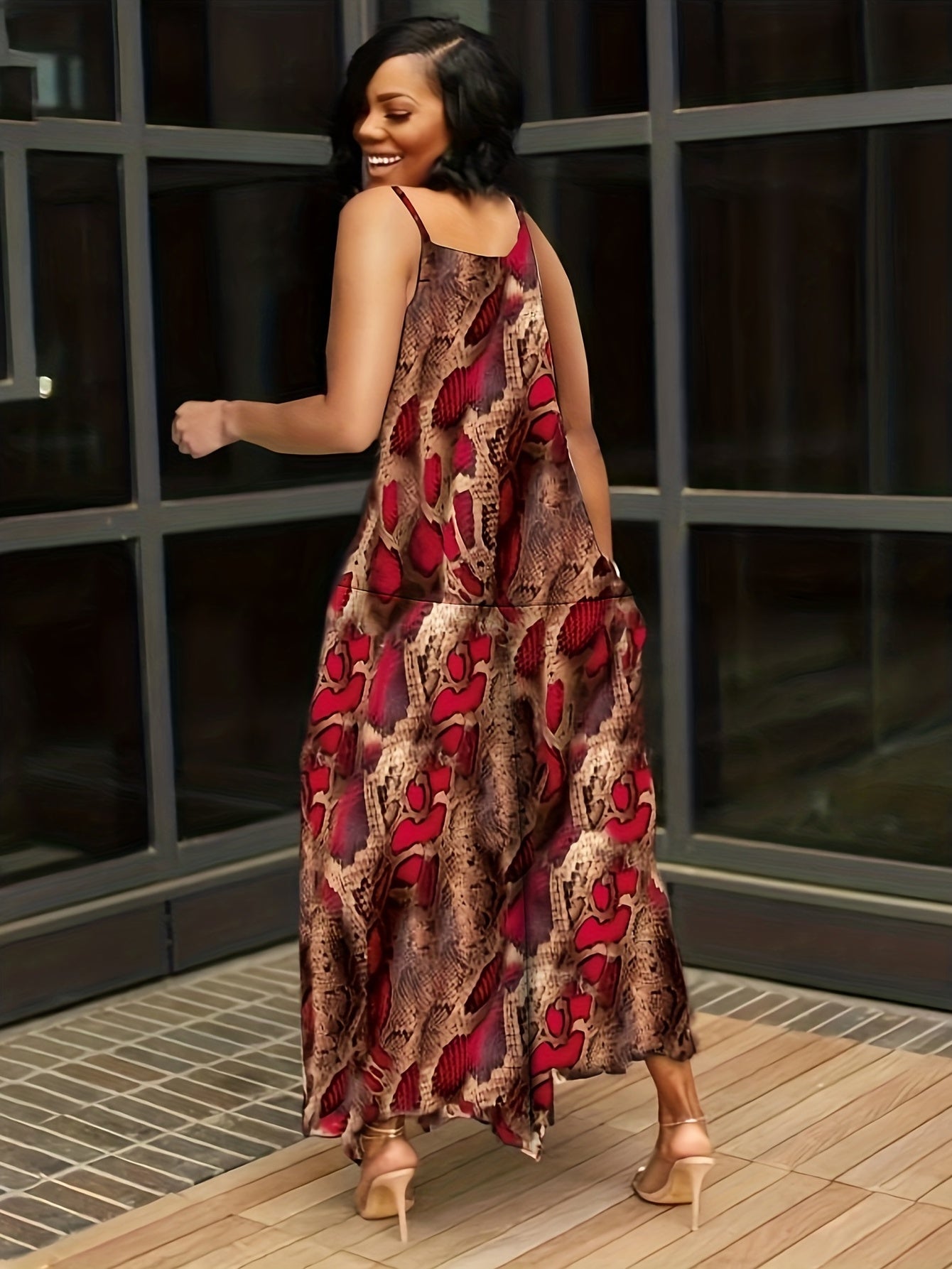 Sexy Dress Women's Plus Colorblock Chain Print V Neck Cami Maxi Dress
