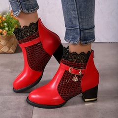 Lace Heeled Ankle Boots Crocodile Print Buckle Strap Chunky Heels