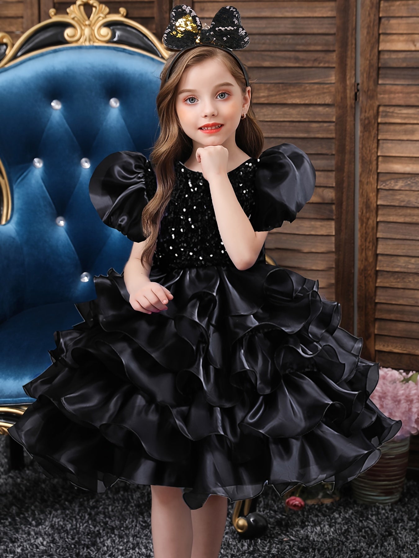 Girls Sequined Party Ball Dress With Bow Headband