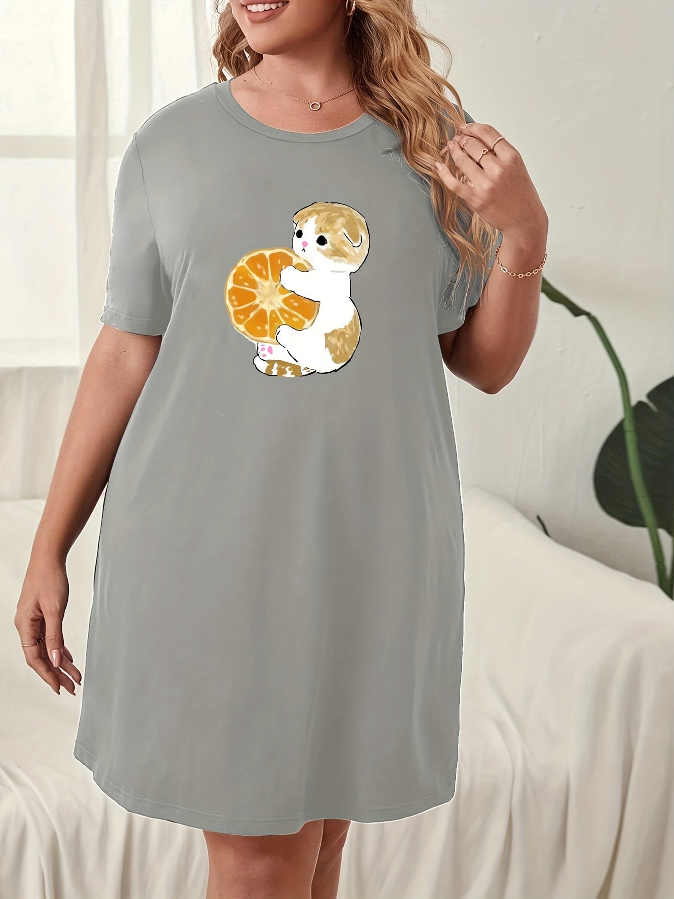 Cat & Orange Print Short Sleeve Nightdress