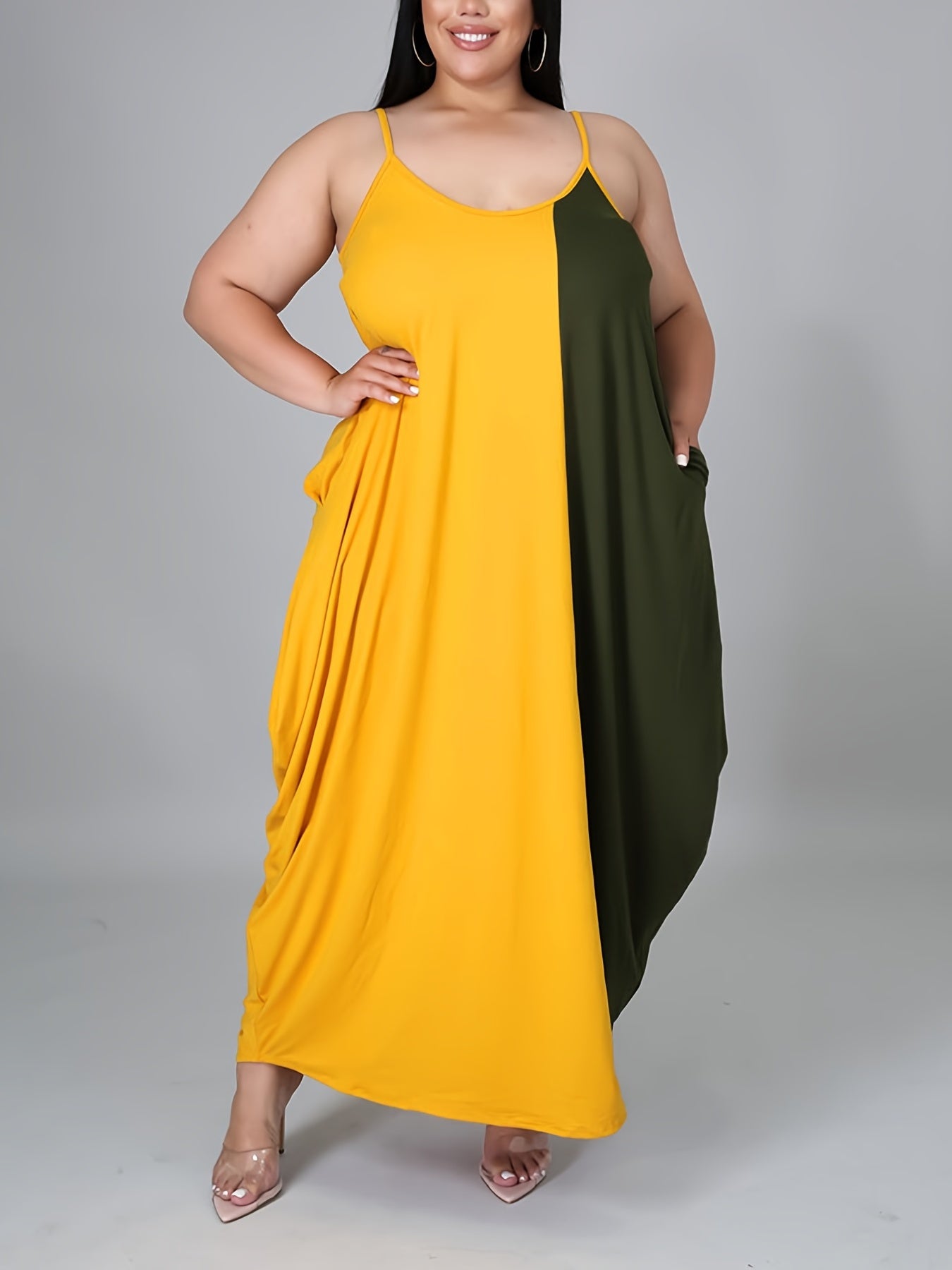 Plus Size Colorblock Cami Maxi Dress With Pockets