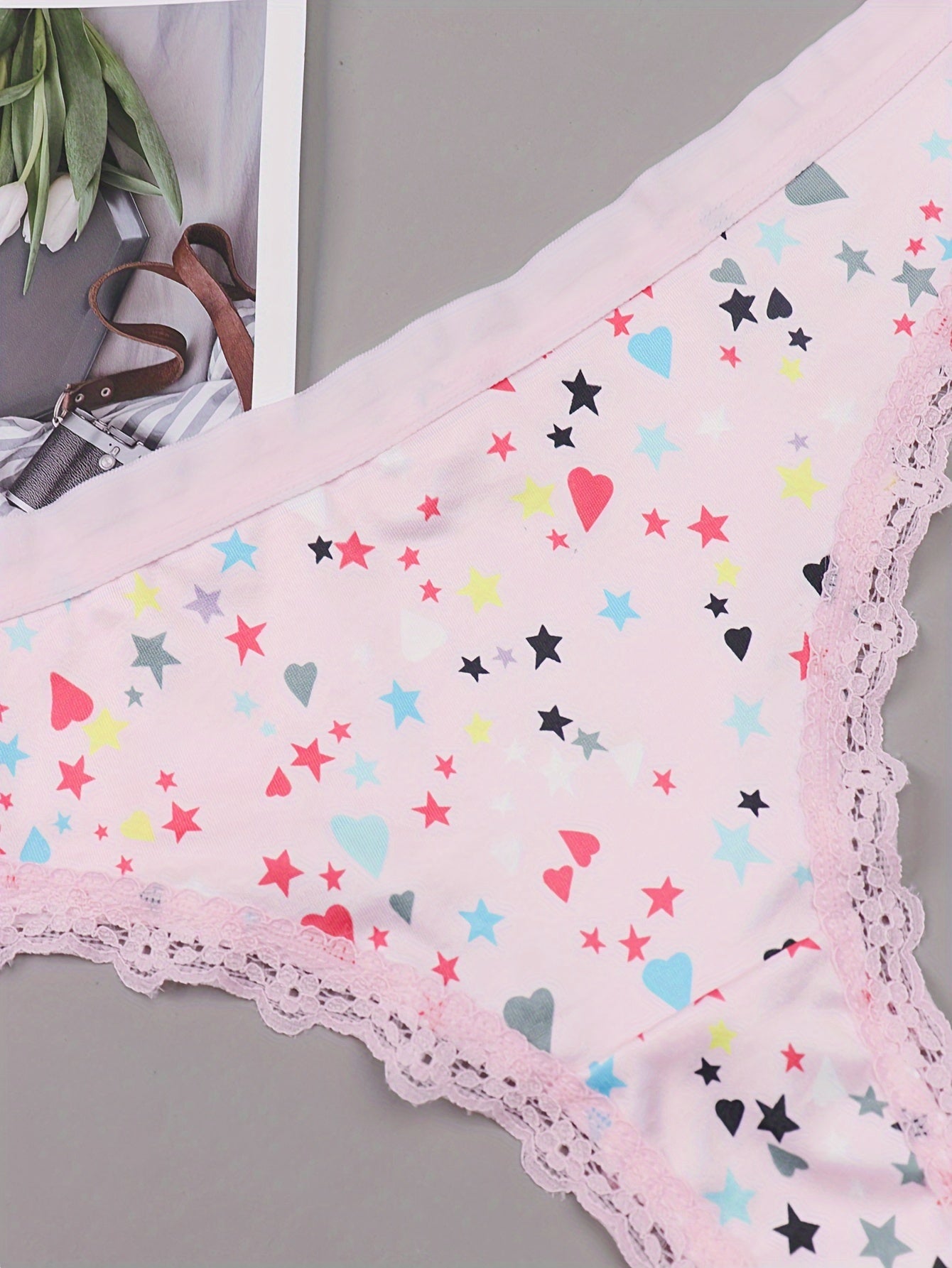 3 Pack Plus Size Panties Set Women's Plus Star & Heart & Kiss Print