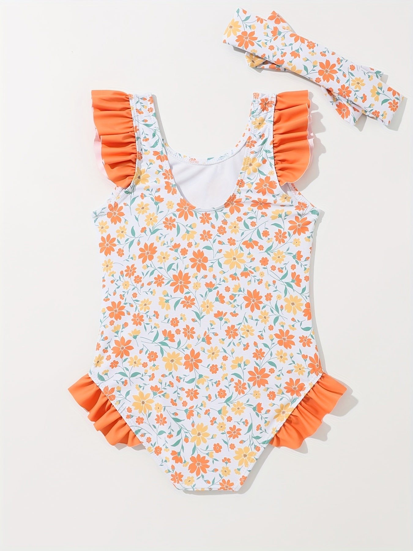 Baby Girls Floral Ruffle One piece Swimsuit With Headband