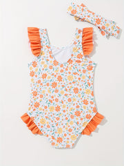 Baby Girls Floral Ruffle One piece Swimsuit With Headband