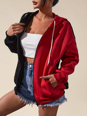 Block Zip Up Pocket Hoodie Casual Long Sleeve Drawstring Hoodies Sweatshirt