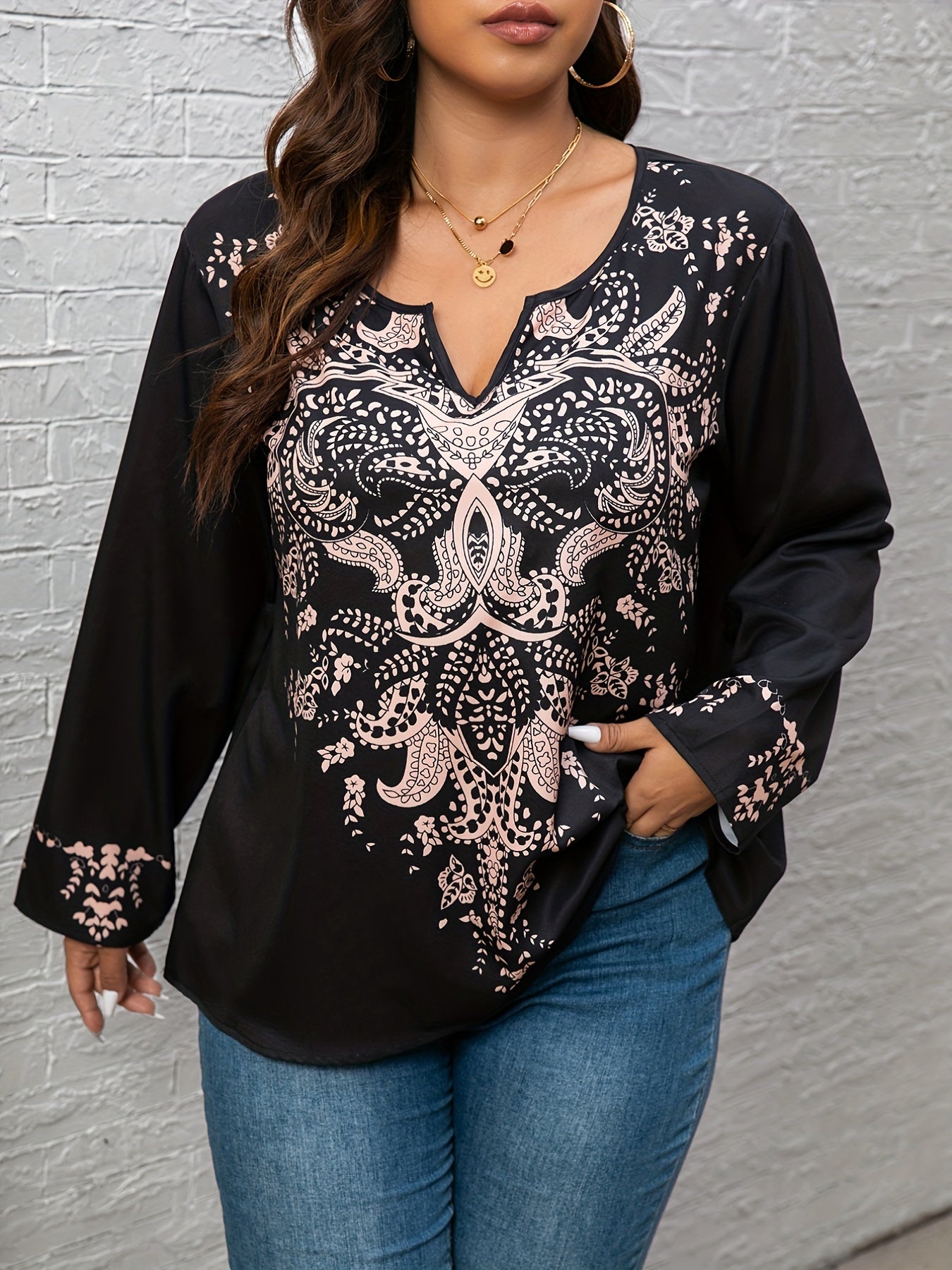 Paisley Print Long Sleeve Notched Neck Tunic