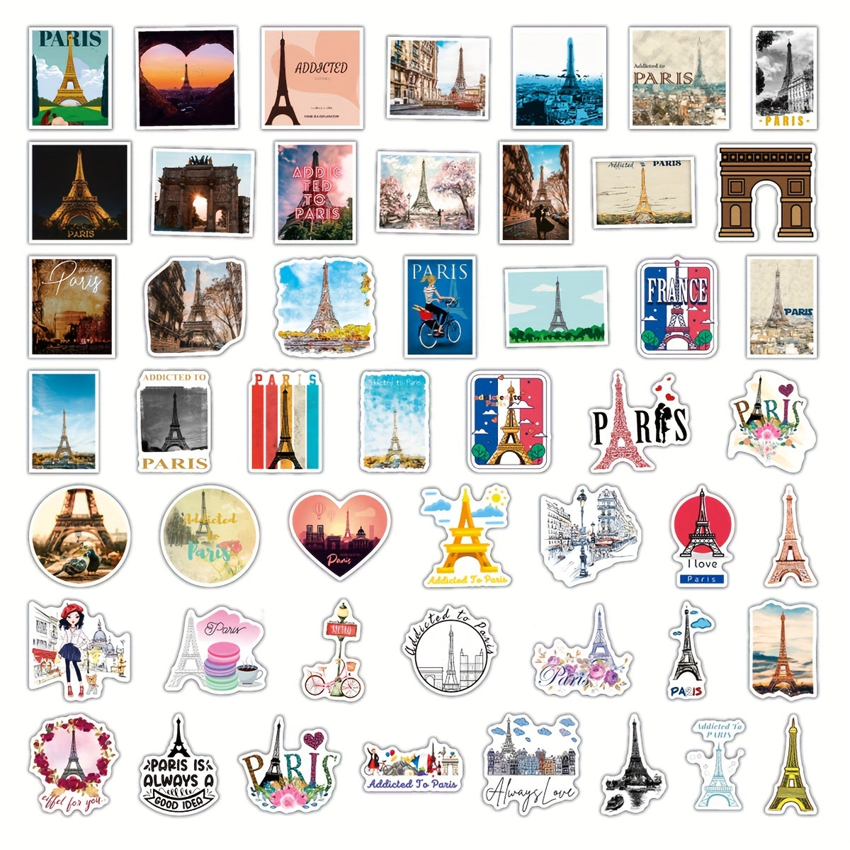 50pcs Paris Stickers Waterproof for Water Bottle Laptop Guitar Laggage Phone