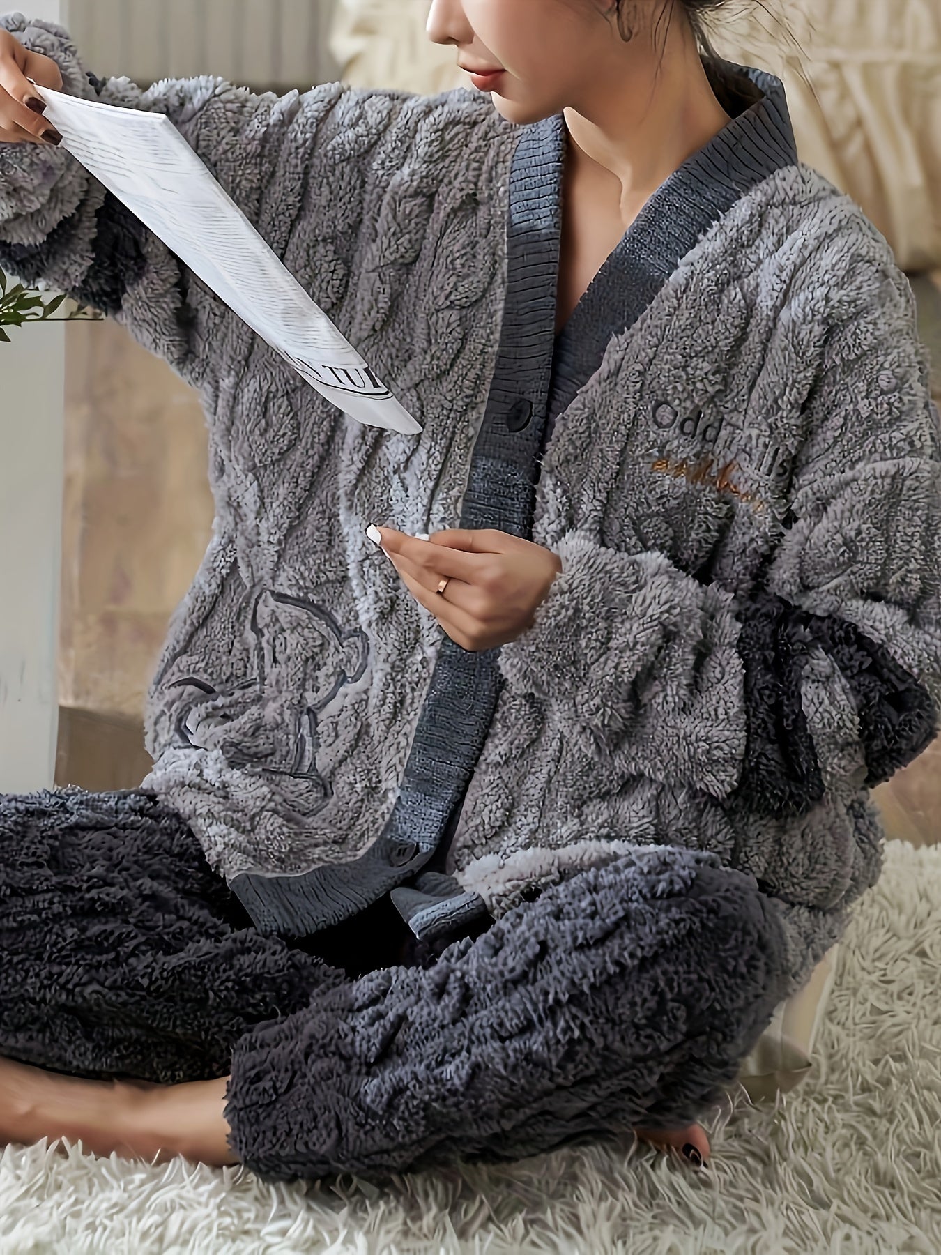 Fuzzy Textured Pajama Set Long Sleeve Women's Sleepwear