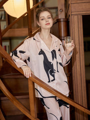 Cat Print Pajama Set Long Sleeve Buttons Top & Elastic Waistband Pants