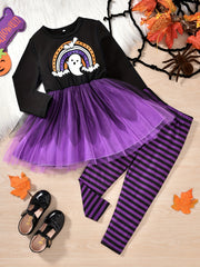 Girl's Ghost Halloween Costume Dress & Plaid Leggings Set