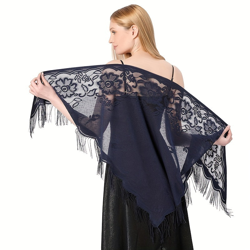 Embroidered Lace Tassel Triangle Scarf Mantilla Head Covering