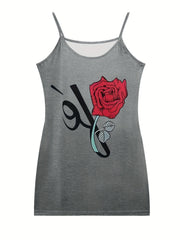 Rose Print Round Neck Cami Dress