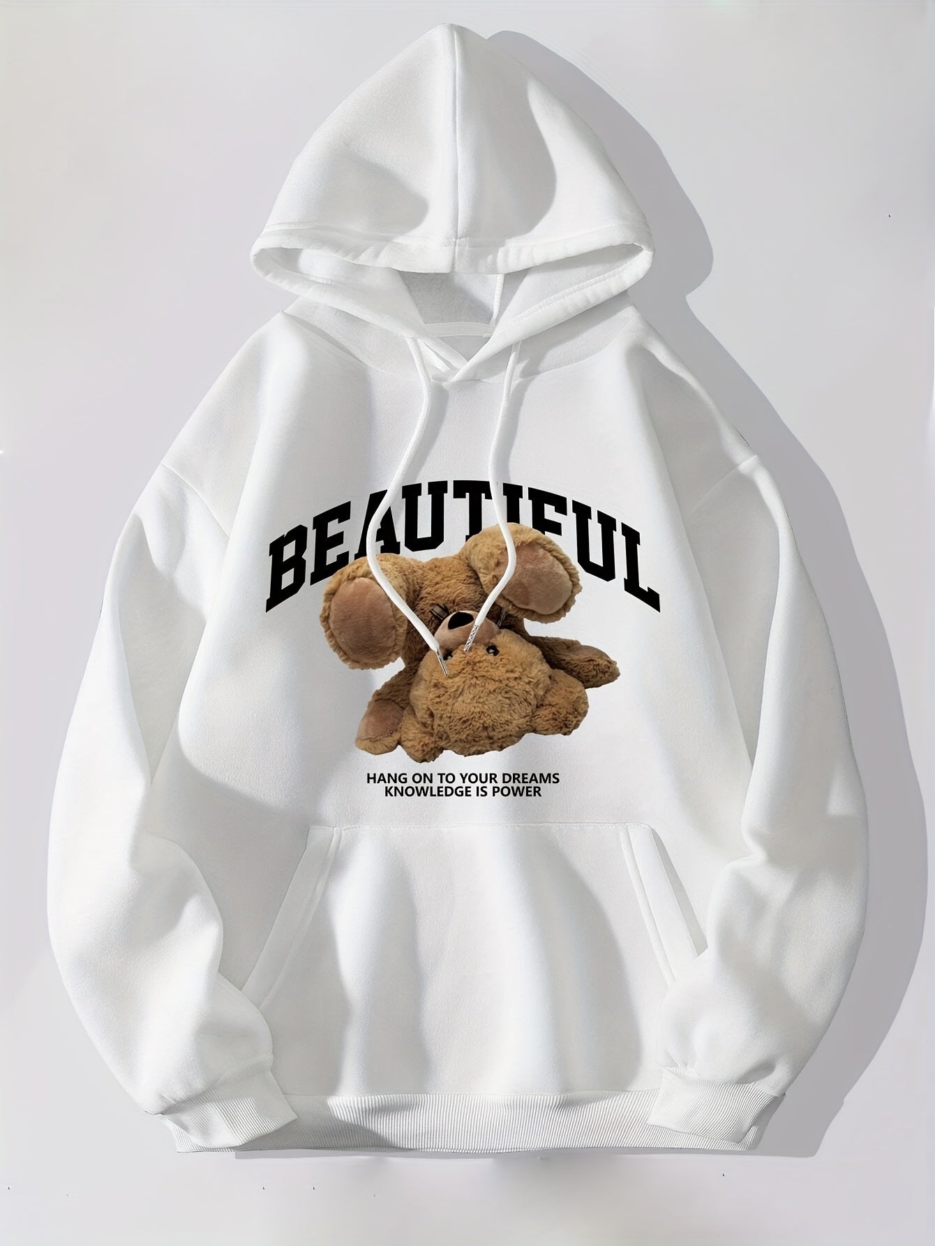 Bear & Letter Print Kangaroo Pocket Hoodie Long Sleeve Drawstring Hoodies