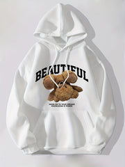 Bear & Letter Print Kangaroo Pocket Hoodie Long Sleeve Drawstring Hoodies