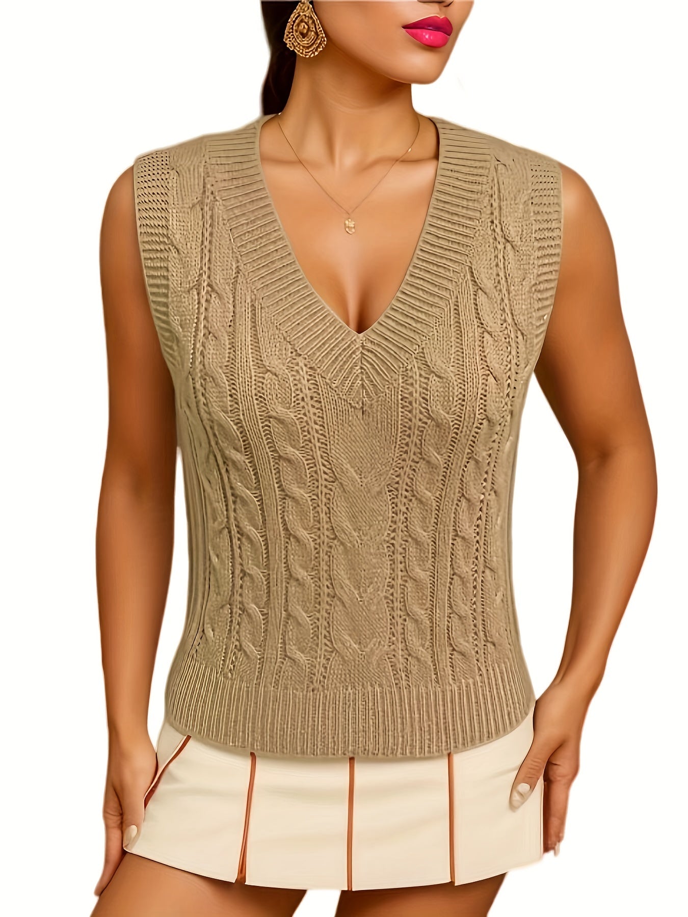Women's Solid V Neck Sweater Vest Sleeveless Sweater
