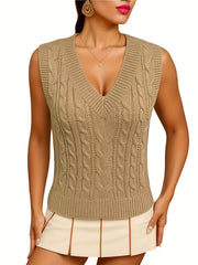 Women's Solid V Neck Sweater Vest Sleeveless Sweater