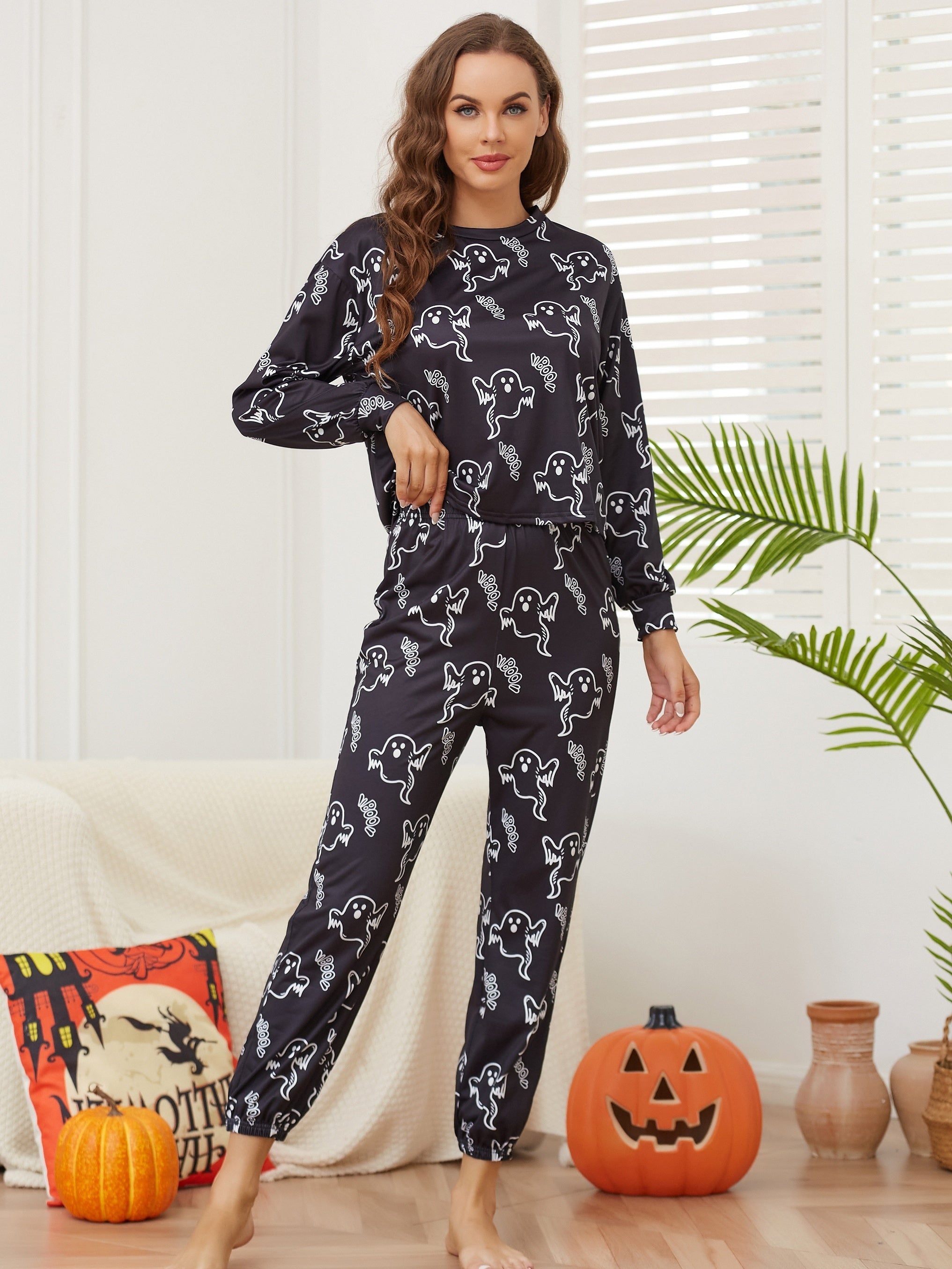 Halloween Ghost Print Pajama Set Long Sleeve Top & Pants Women's Sleepwear