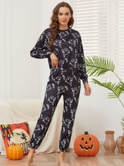 Halloween Ghost Print Pajama Set Long Sleeve Top & Pants Women's Sleepwear