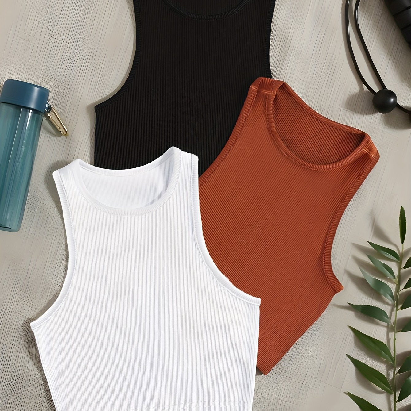 Solid Ribbed Sports Tank Top Round Neck Sleeveless Top