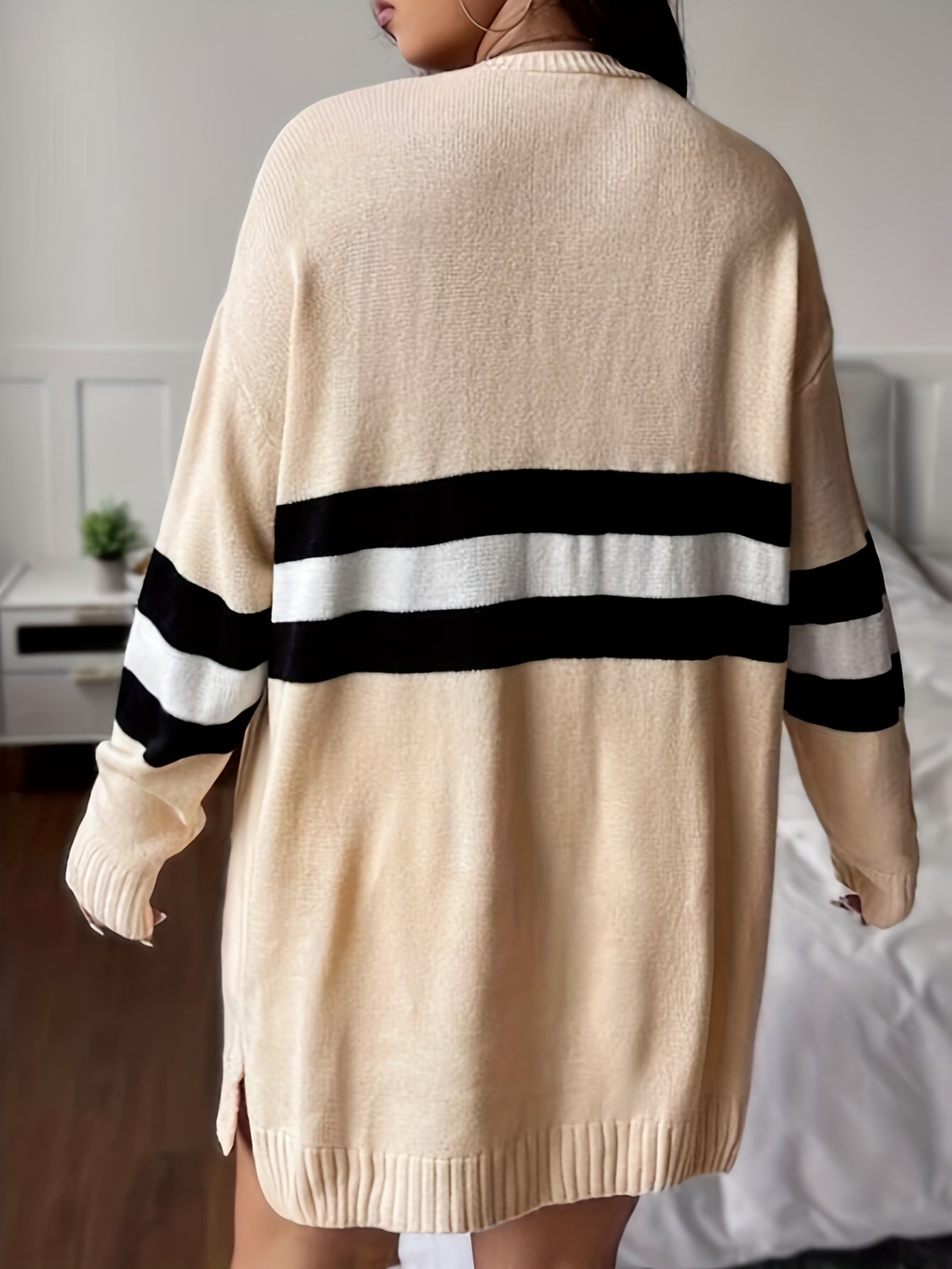 Stripe Print Long Sleeve Open Front Cardigan With Pockets