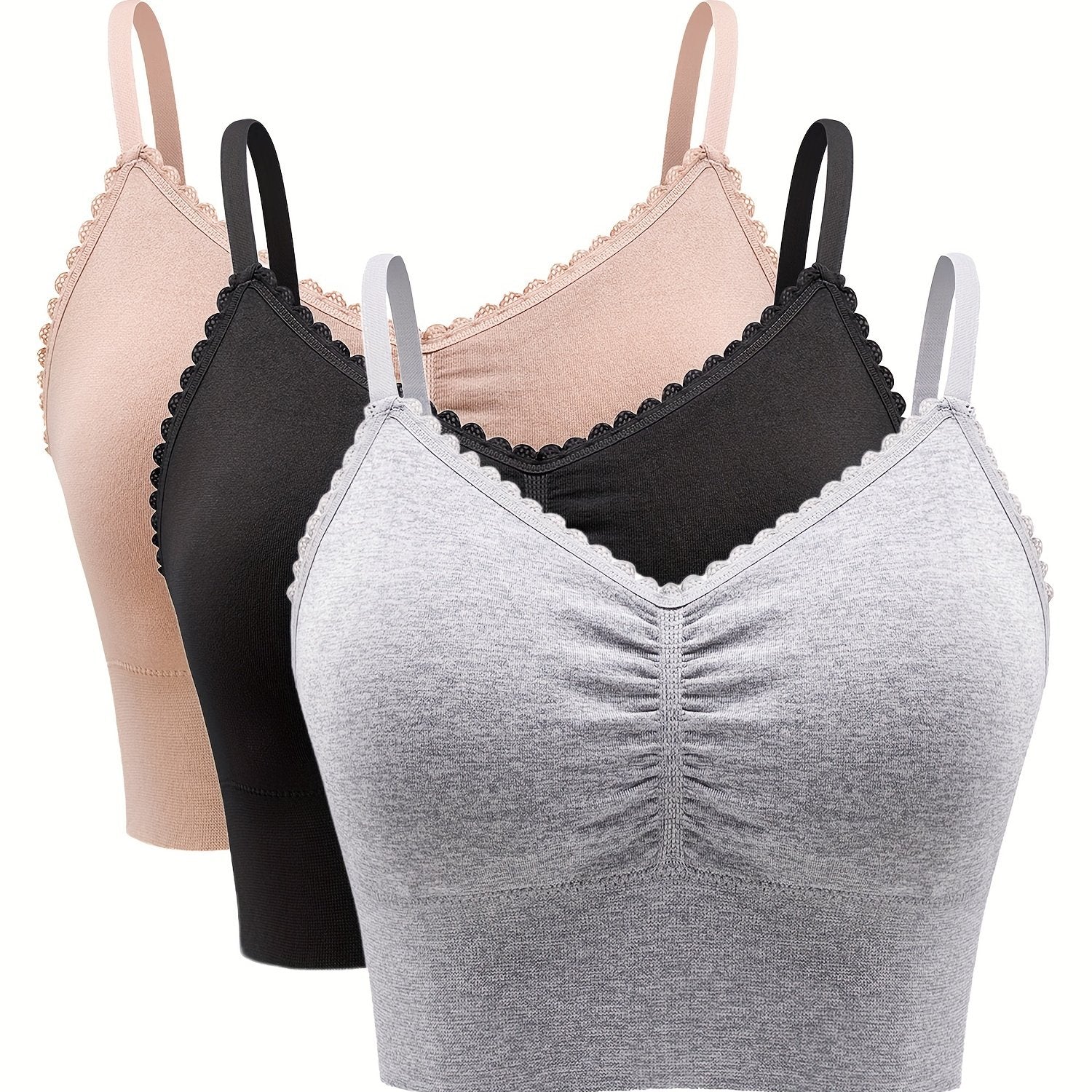 Casual Bra Set Women's Solid Ruched Bralette Three Piece Set
