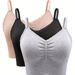 Casual Bra Set Women's Solid Ruched Bralette Three Piece Set
