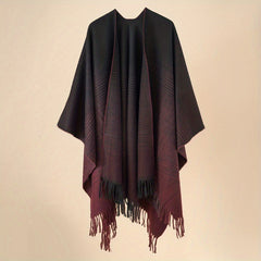 Striped Fringed Shawl Warm Poncho Cape