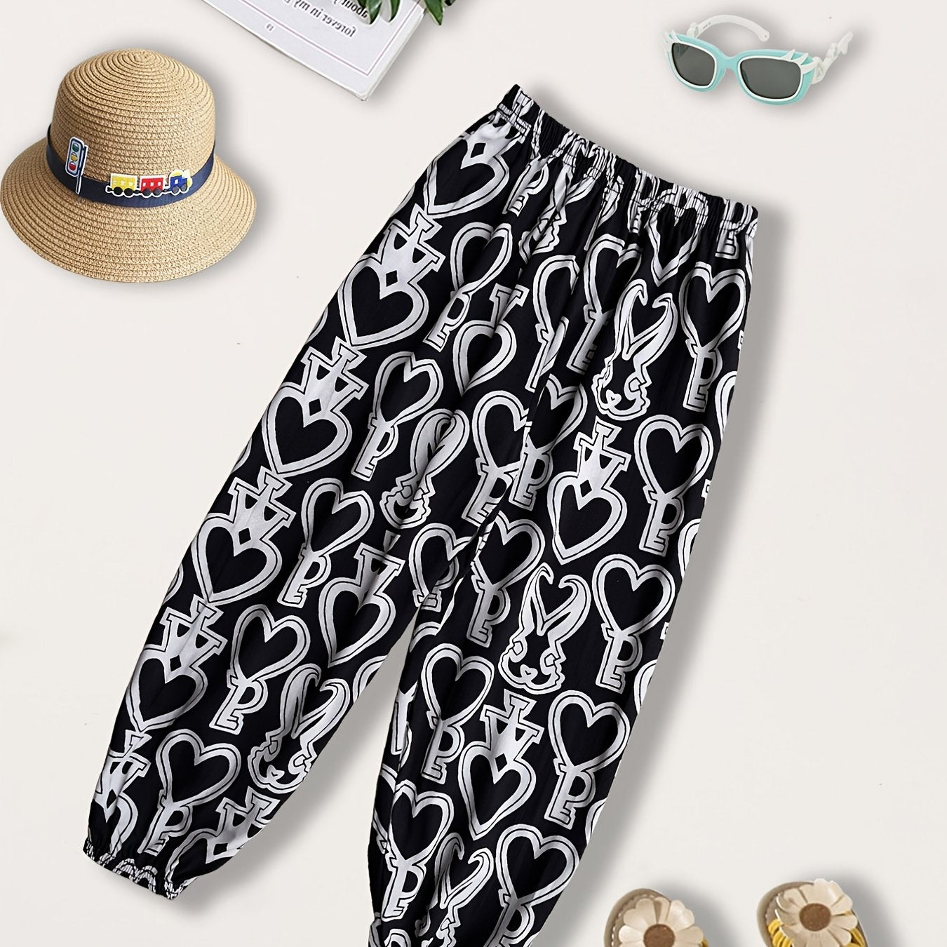 Girls Letter & Heart Graphic Sweatpants Elastic Waist Casual Sport Jogger Pants