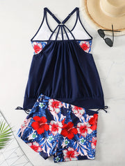 Tropical Print Lace Up Tankini Set