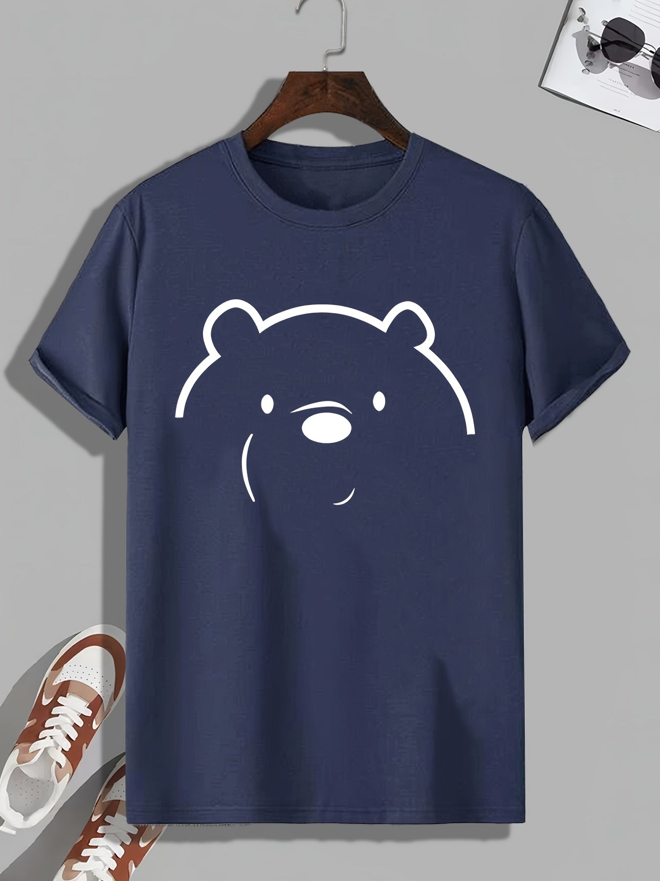 Men's Bear Face Print T shirt Stretch Breathable Tee For Outdoor
