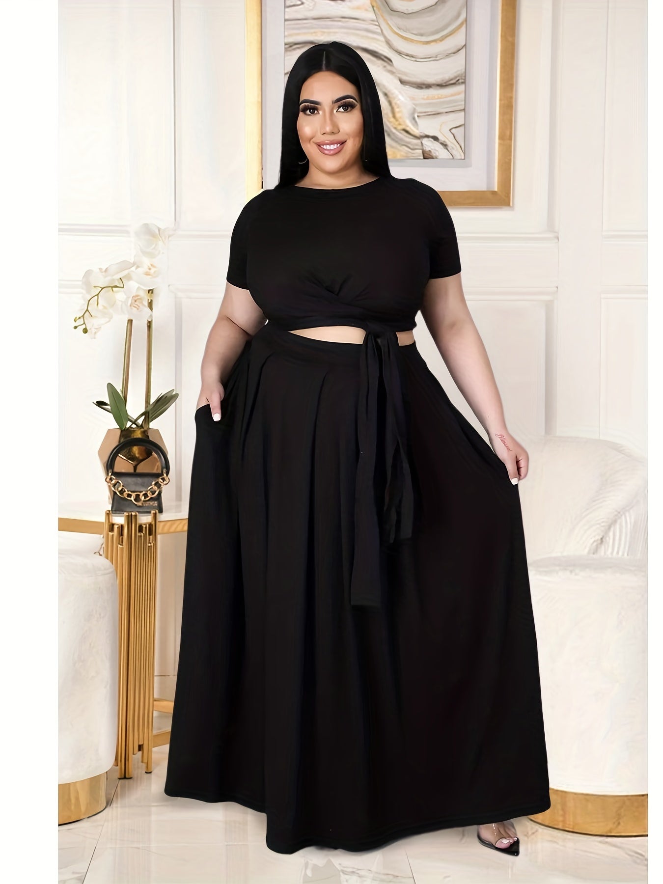 Sexy Outfits Set Women's Plus Solid Round Neck Short Sleeve Cross Knot